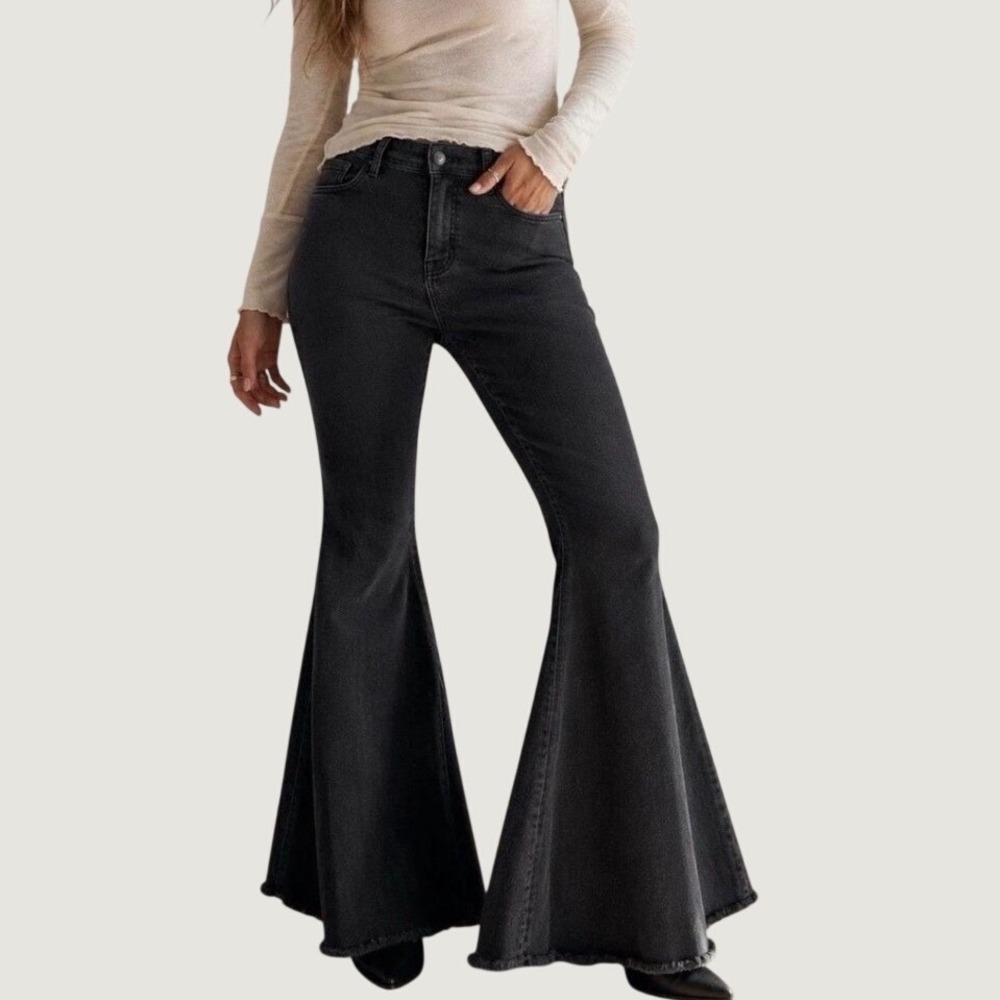 Free People We The Free CRVY Just Float On Flare Jeans 27 BLK Lace Up Back Boho